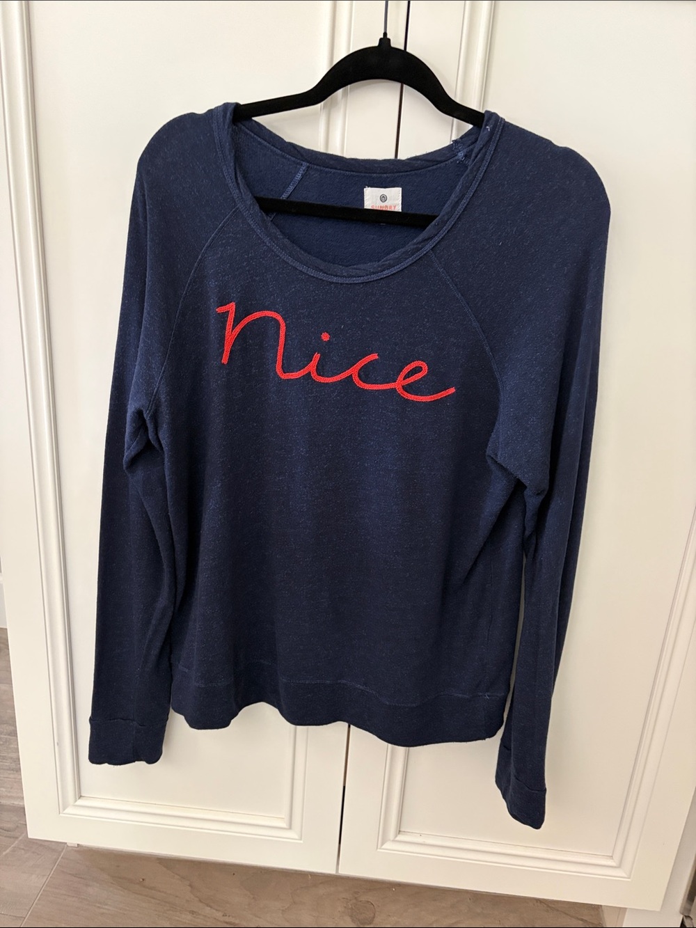 Sundry Navy lightweight sweater with “Nice”
Embroidered size L